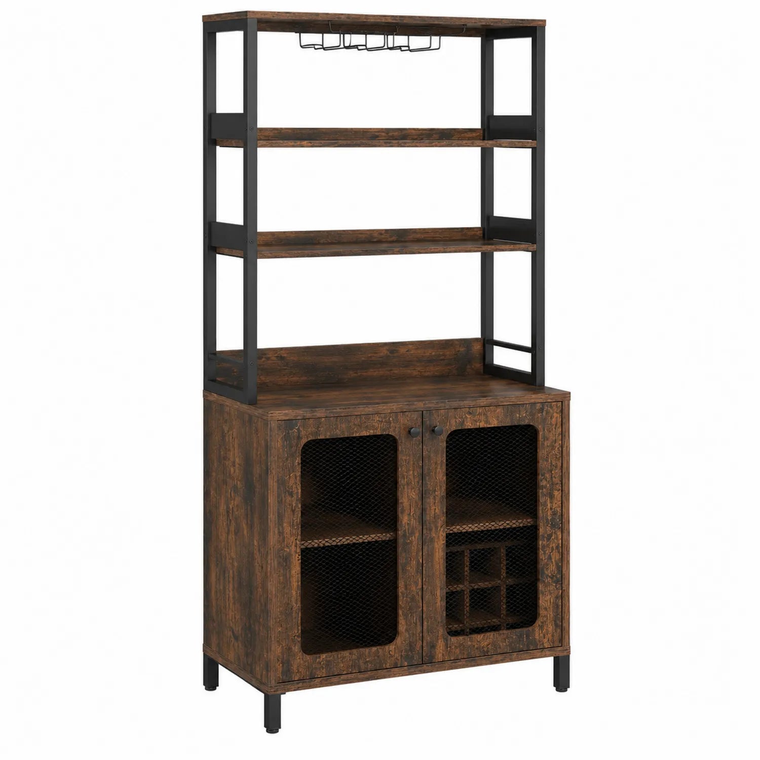 Credenza marrone in legno e metallo con ante a rete