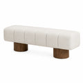 Panca imbottita tessuto beige con gambe in legno