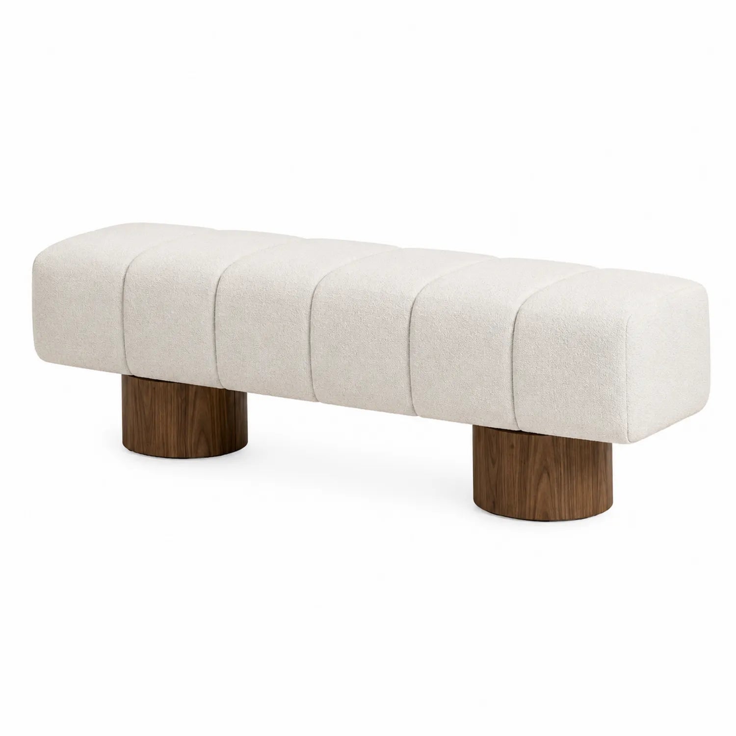 Panca imbottita tessuto beige con gambe in legno
