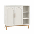 Credenza in MDF Bianco con Gambe in Legno e Ripiani