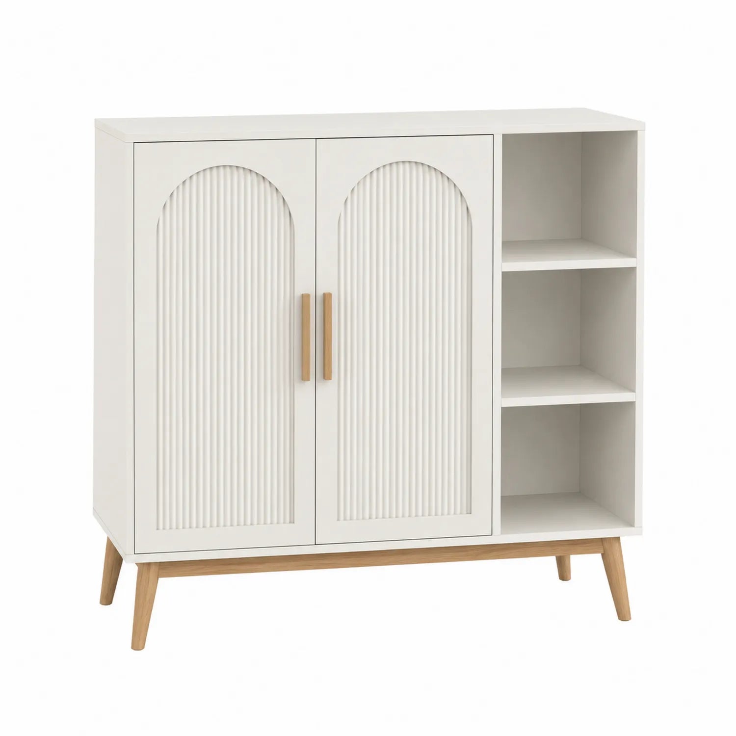 Credenza in MDF Bianco con Gambe in Legno e Ripiani