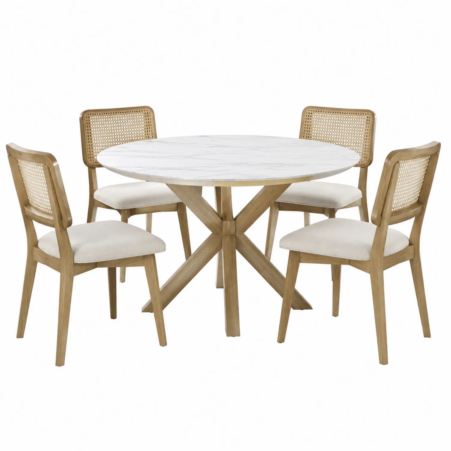 Set tavolo da pranzo rotondo in marmo e legno con 4 sedie