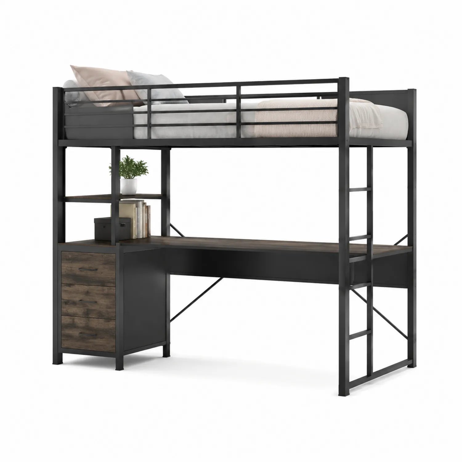 Letto a soppalco con scrivania in metallo e MDF Nero Marrone