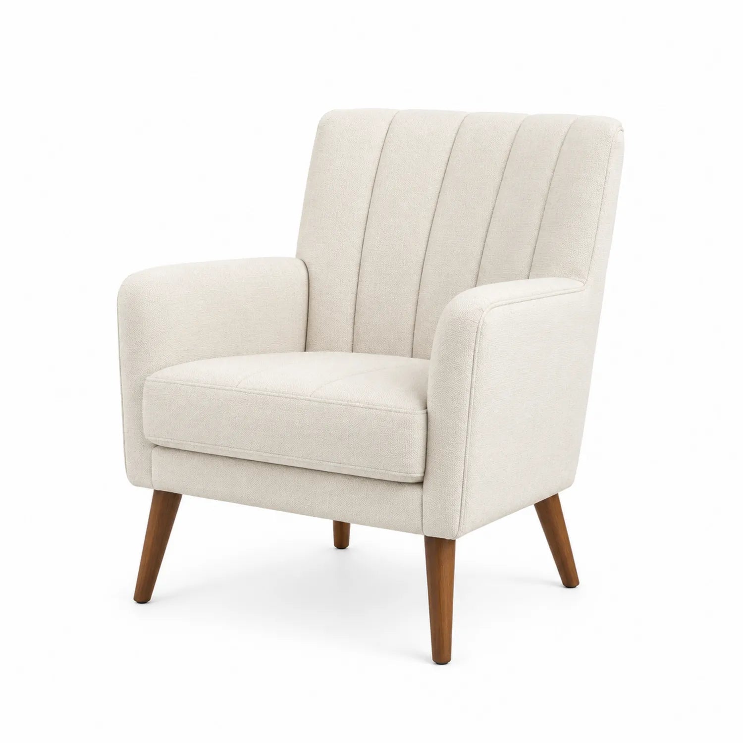 Poltrona in tessuto beige con gambe in legno
