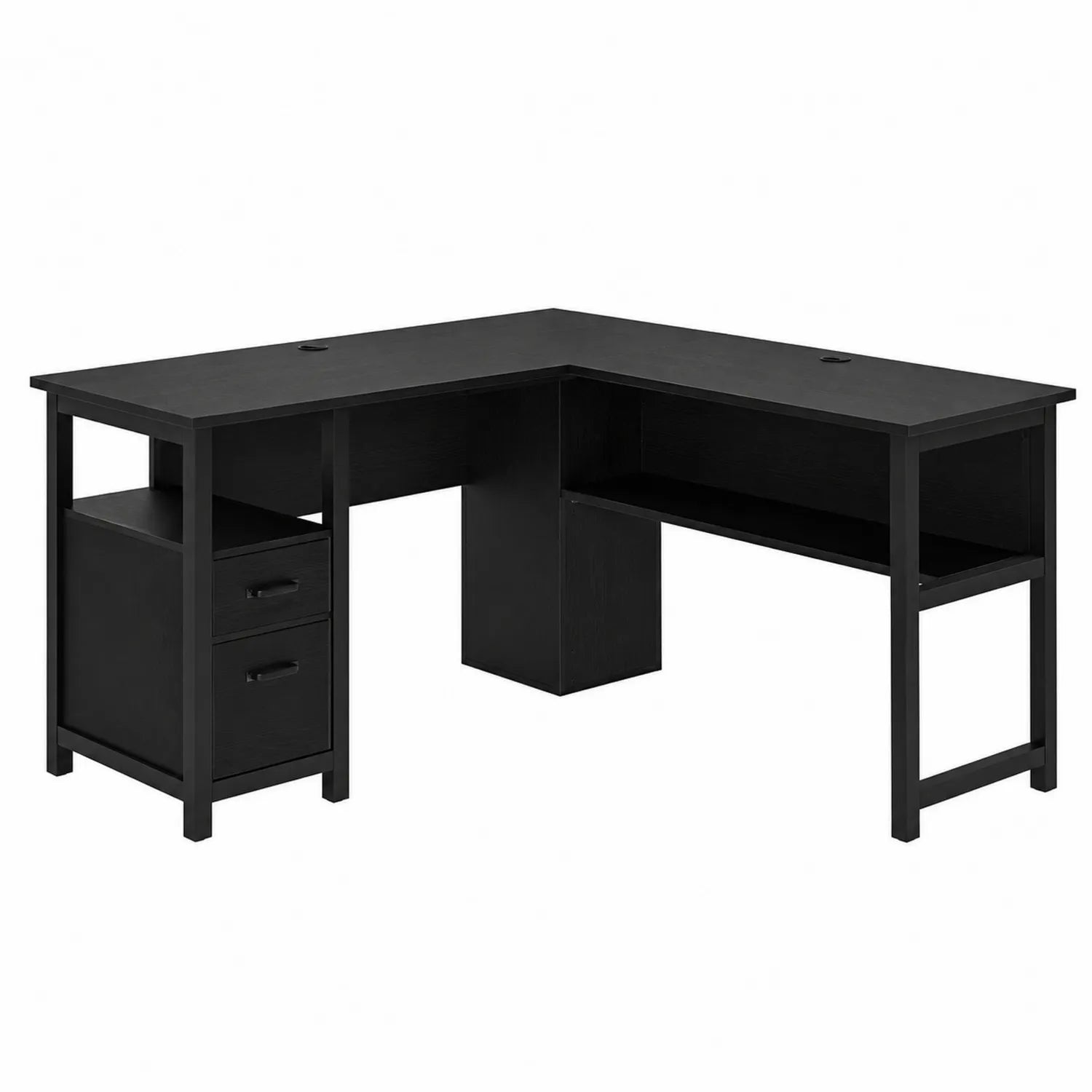Scrivania angolare in legno composito nero con cassetti e ripiani 145x130x75 cm