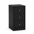 Comodino a 3 cassetti in legno nero con maniglie in ottone