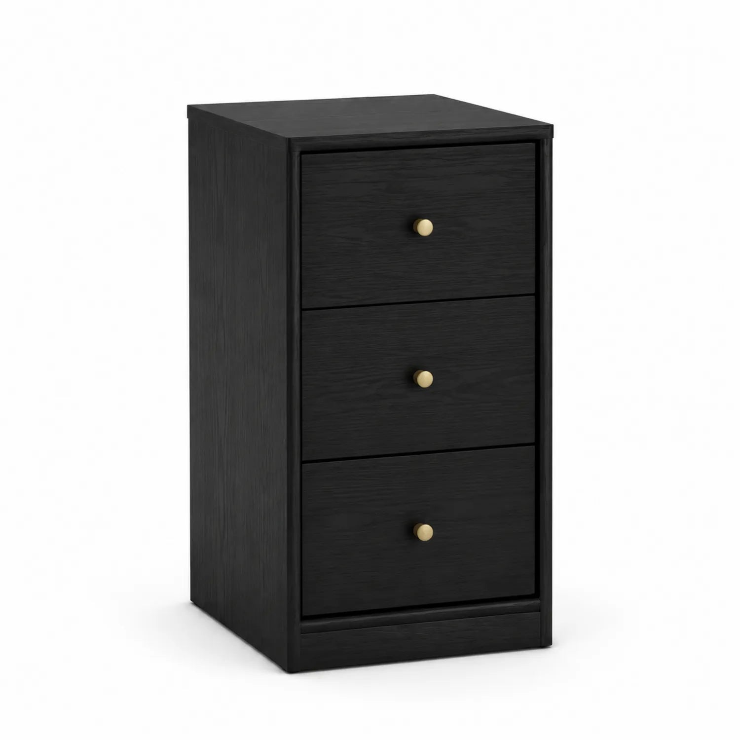 Comodino a 3 cassetti in legno nero con maniglie in ottone