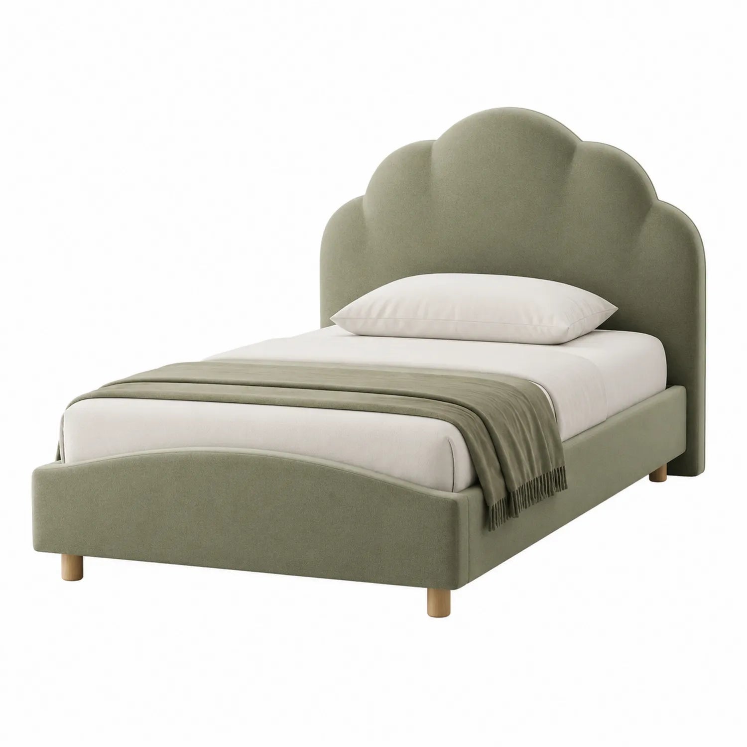 Letto singolo in legno e tessuto verde con testiera sagomata