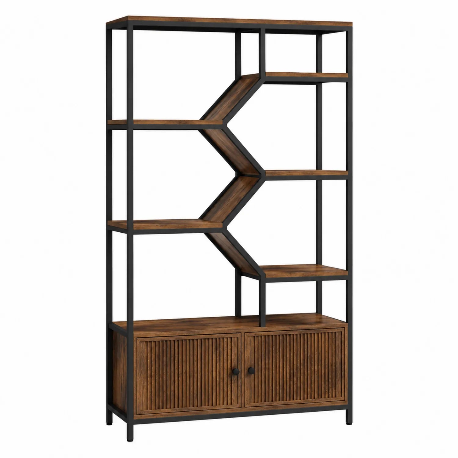 Scaffale in Legno e Metallo Design Geometrico Marrone Nero