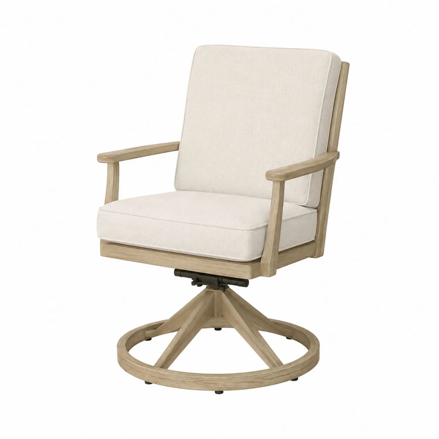 Sedia girevole da esterno in legno con cuscini beige