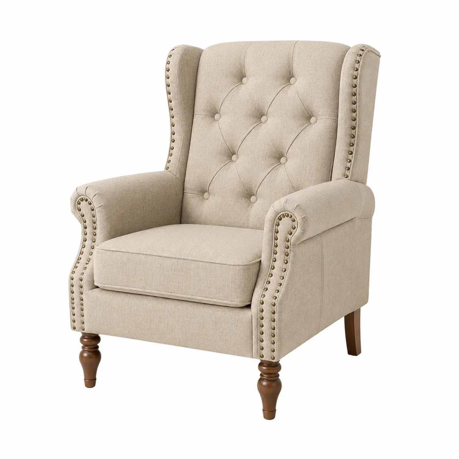 Poltrona imbottita in tessuto beige con gambe in legno