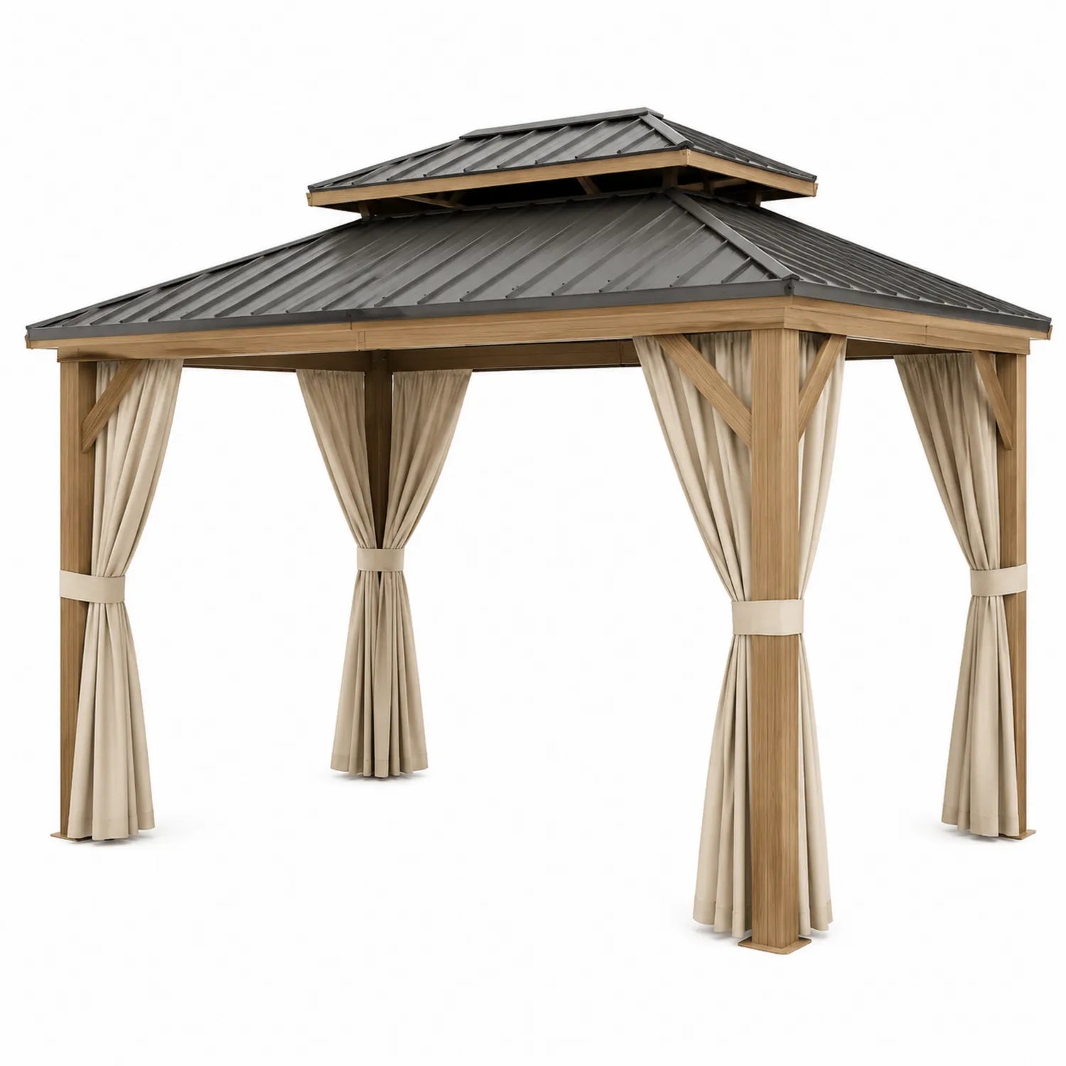 Gazebo in Legno con Tetto in Metallo e Tendaggi Beige 3x4m