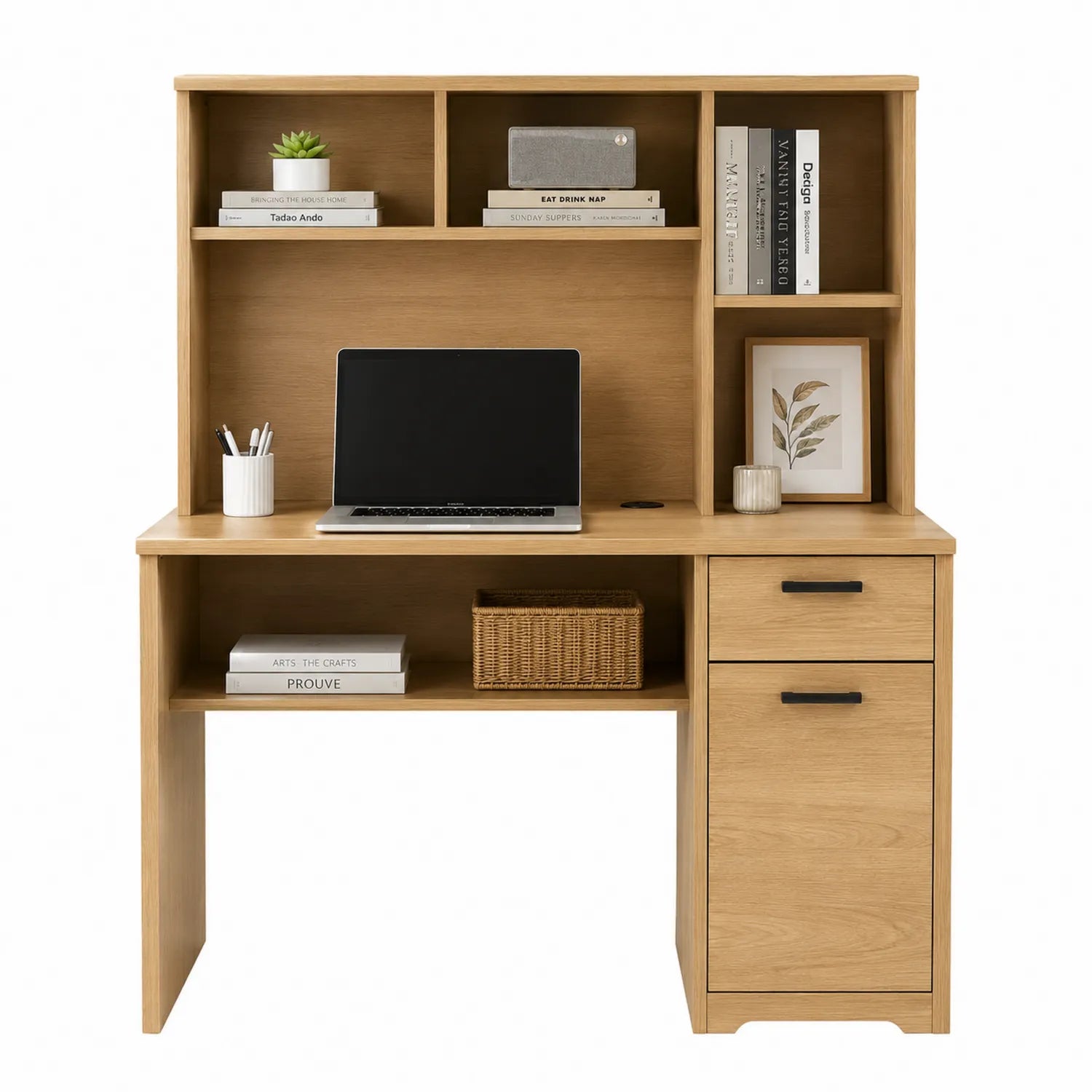 Scrivania in Legno Effetto Rovere con Libreria e Cassetti